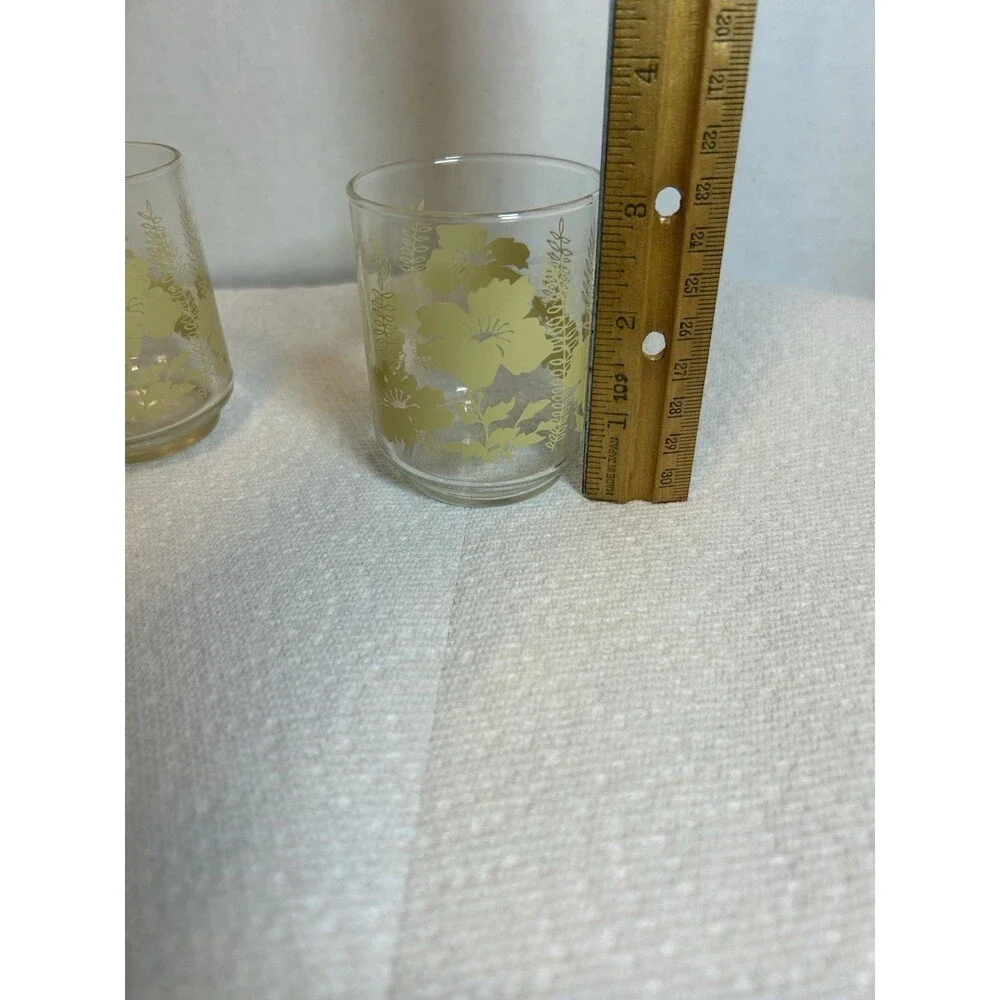 Vintage 70’s Libbey Yellow Hibiscus Fern Juice Glasses Set of 4 Retro Floral MCM